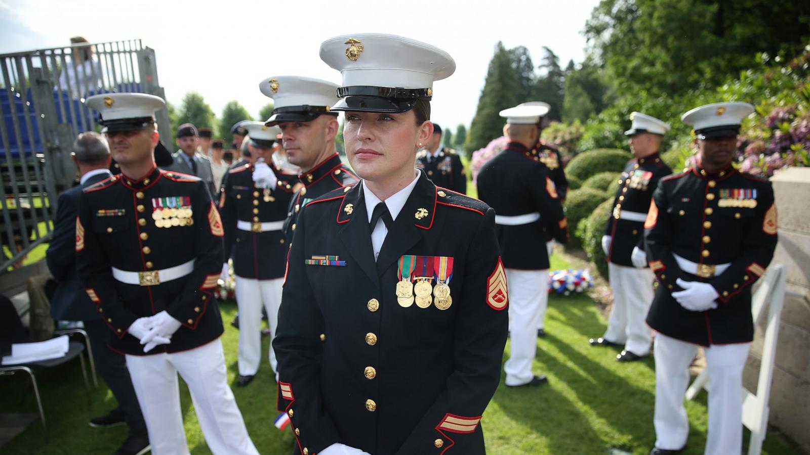 PHOTO: U.S. Marines attend a ceremony to commemorate the 100th anniversary of the World War I Battle of Belleau Wood Chateau-Thierry, France, May 27, 2018.