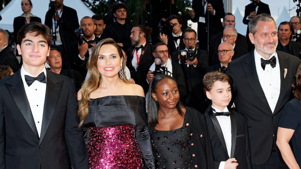 PHOTO: August Miklos Friedrich Hermann, Mariska Hargitay, Amaya Josephine Hermann, Andrew Nicolas Herman and Peter Hermann attend the "Die My Love" red carpet at the 78th annual Cannes Film Festival, May 17, 2025, in Cannes, France. 