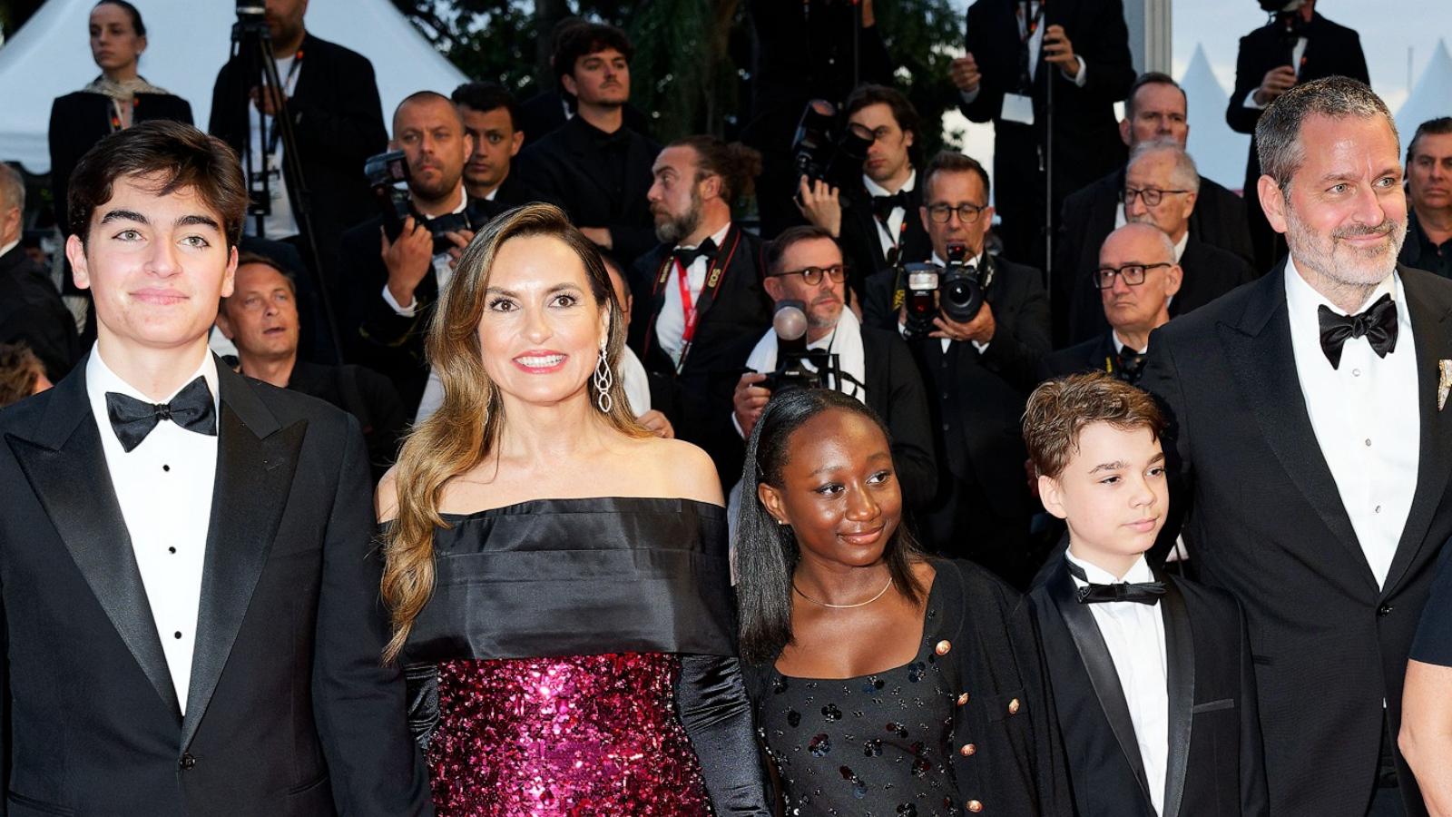 PHOTO: August Miklos Friedrich Hermann, Mariska Hargitay, Amaya Josephine Hermann, Andrew Nicolas Herman and Peter Hermann attend the "Die My Love" red carpet at the 78th annual Cannes Film Festival, May 17, 2025, in Cannes, France.