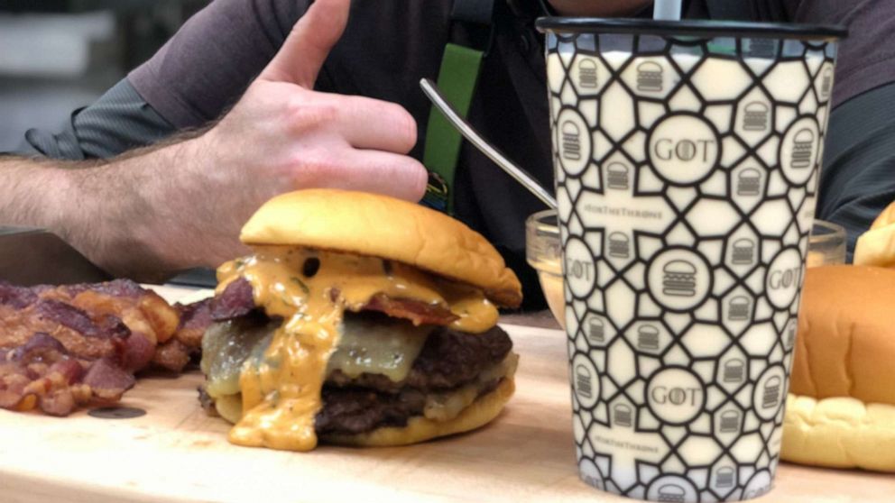 Culinary director Mark Rosati with the new Dracarys burger and Dragonglass milkshake at Shake Shack innovation kitchen in New York City.