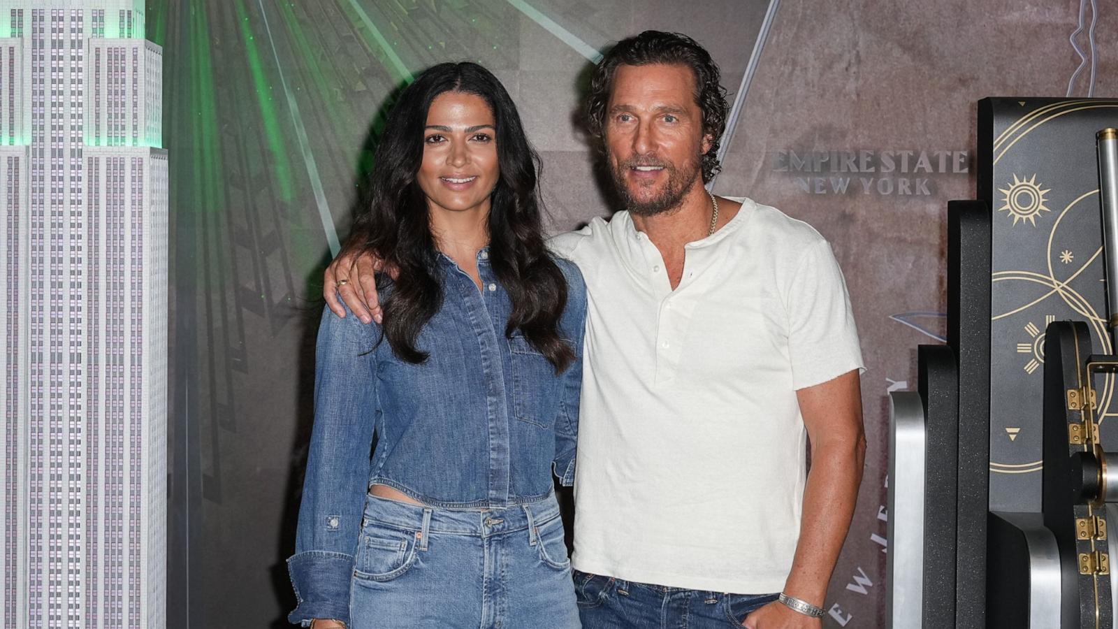 PHOTO: Camila Alves McConaughey and Matthew McConaughey visit the Empire State Building, Sept. 12, 2023, in New York.