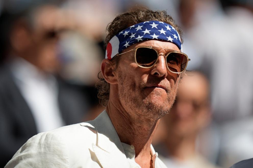 PHOTO: Matthew McConaughey arrives to watch play between Jannik Sinner, of Italy, and Taylor Fritz, of the United States, during the men's singles final of the U.S. Open tennis championships in New York, Sept. 8, 2024.