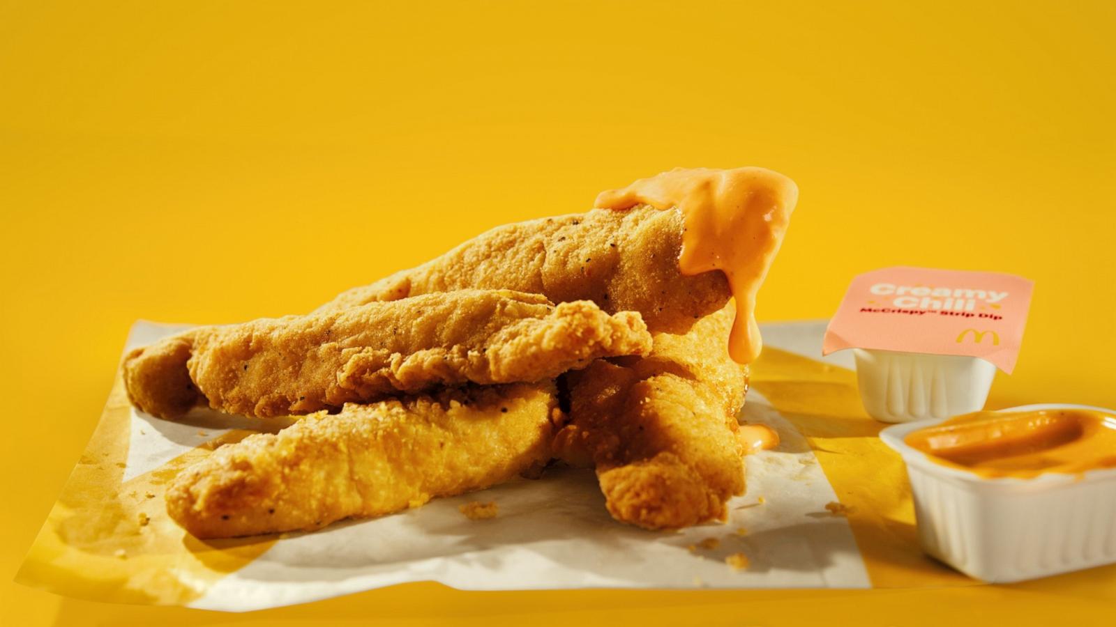 PHOTO: McDonald's is bringing chicken strips back with their McCrispy Strips. The restaurant chain is also introducing a new creamy chili dip. Both will be available nationwide by May 5.