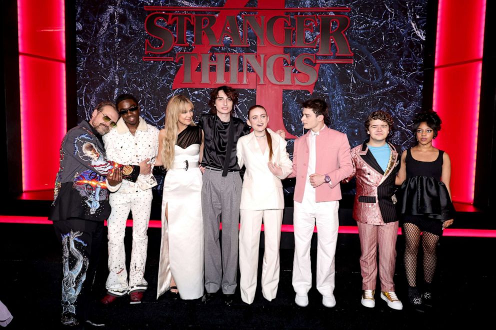 PHOTO: David Harbour, Caleb Mclaughlin, Millie Bobby Brown, Finn Wolfhard, Sadie Sink, Noah Schnapp, Gaten Matarazzo, and Priah Ferguson attends Netflix's "Stranger Things" Season 4 New York Premiere at Netflix Brooklyn, May 14, 2022 in Brooklyn, N.Y. 