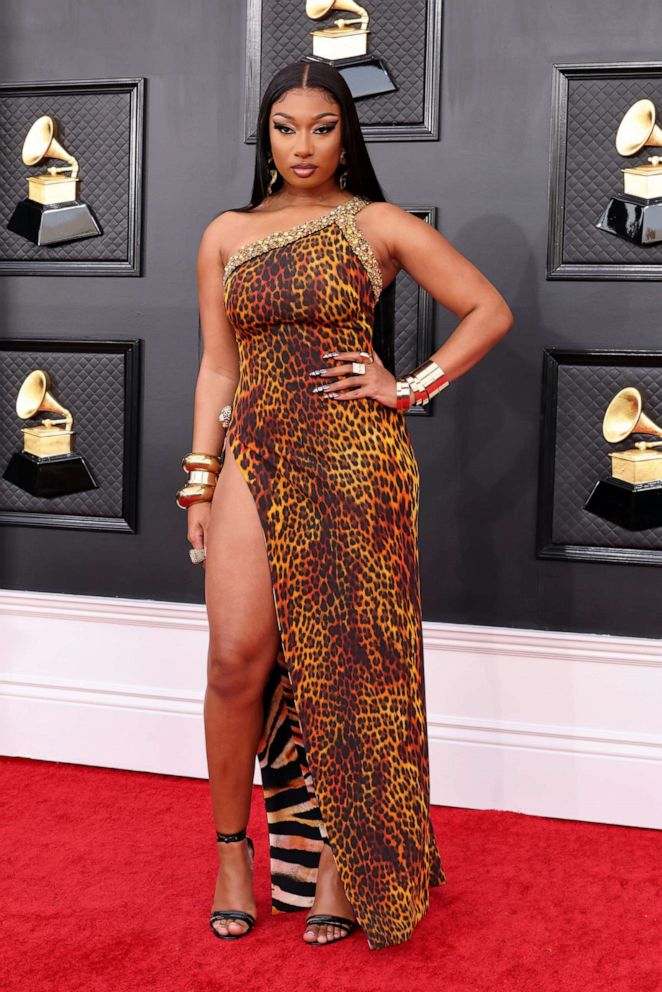 PHOTO: Megan Thee Stallion attends the 64th GRAMMY Awards at MGM Grand Garden Arena, April 3, 2022, in Las Vegas.
