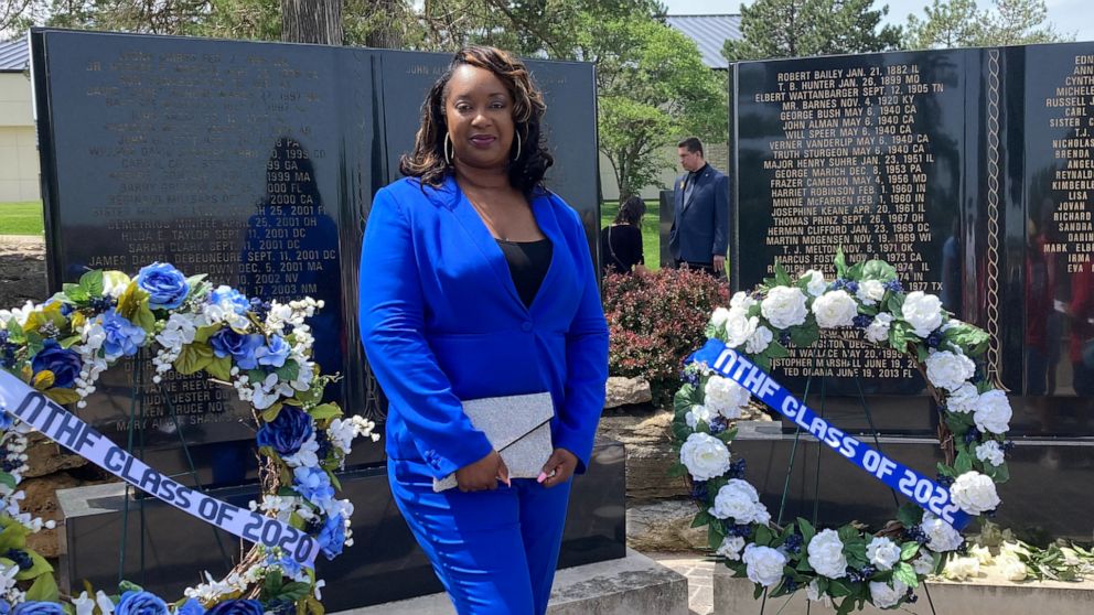 PHOTO: Melissa Collins visiting the National Memorial to Fallen Educators. Emporia, Kansas, 2022.