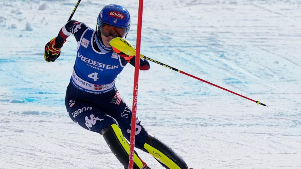 PHOTO: AUnited States' Mikaela Shiffrin on her way to win an alpine ski, women's World Cup slalom, Feb. 23, 2025, in Sestriere, Italy.