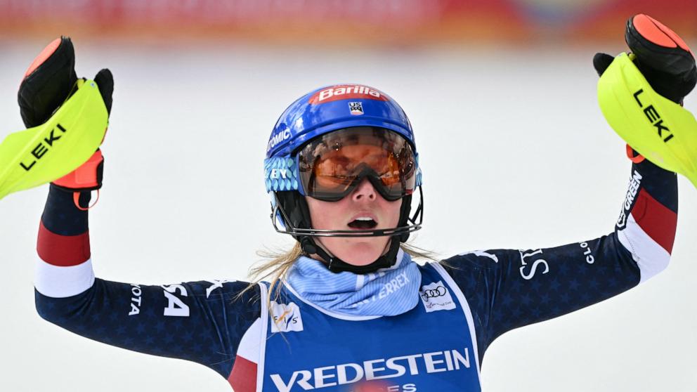 PHOTO: Mikaela Shiffrin celabrates after winning the Women's Slalom event during the FIS Alpine Skiing World Cup, Feb. 23, 2025, in Sestriere, Italy.