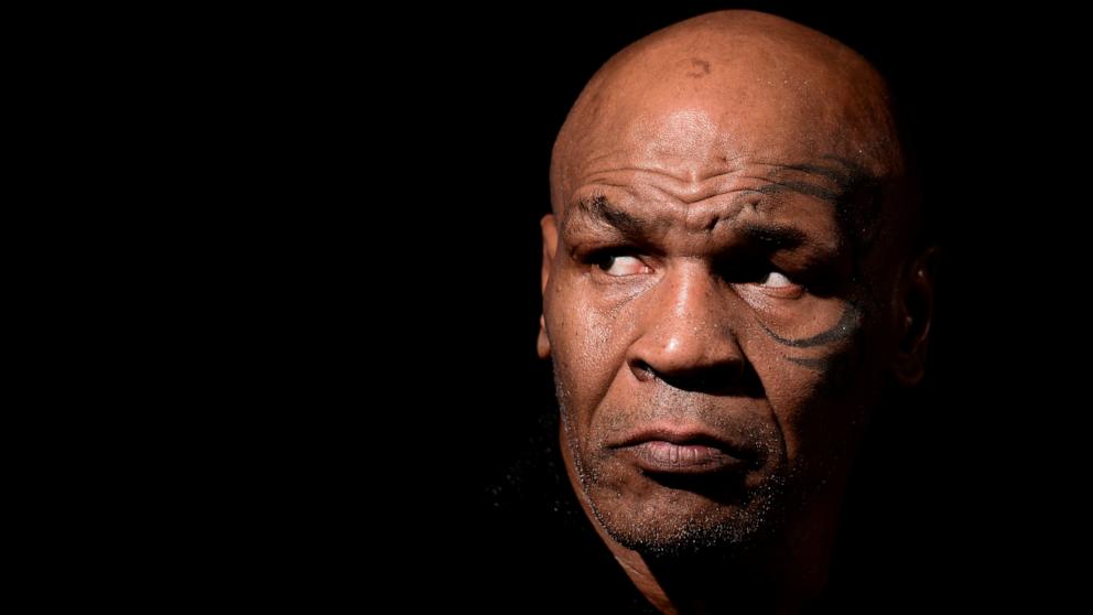 PHOTO: Mike Tyson, American former professional boxer, looks on during a press conference for 'Bunny-Man' film, Turin, Italy, Feb. 7, 2024.