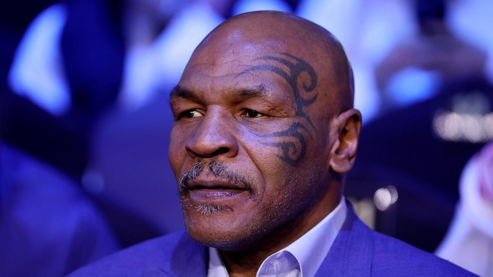 PHOTO: Former Boxer Mike Tyson looks on prior to the Cruiserweight Title fight between Jake Paul and Tommy Fury at the Diriyah Arena in Riyadh, Saudi Arabia, Feb. 26, 2023. 