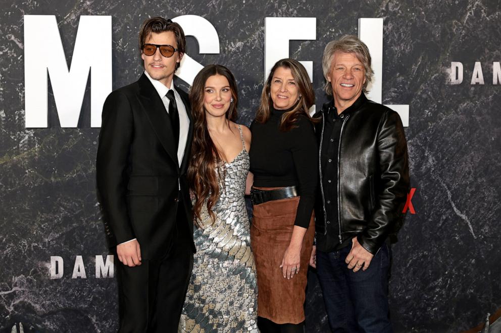 PHOTO: Jake Bongiovi, Millie Bobby Brown, Dorothea Hurley, and Jon Bon Jovi attend the Damsel World Premiere at The Plaza on March 1, 2024 in New York City.