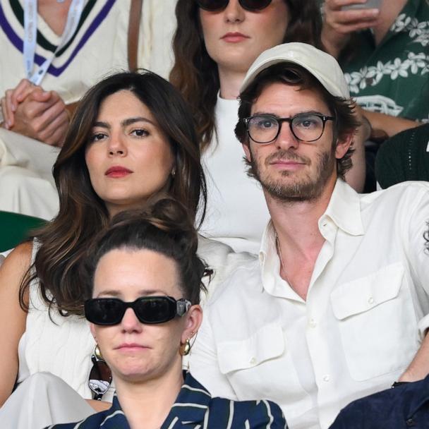 Monica Barbaro and Andrew Garfield attend day seven of the Wimbledon Tennis Championships, July 6, 2025 in London.