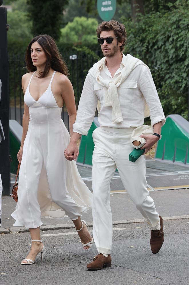 PHOTO: Monica Barbaro and Andrew Garfield arrive day for day seven of the Wimbledon Tennis Championships, July 6, 2025 in London.