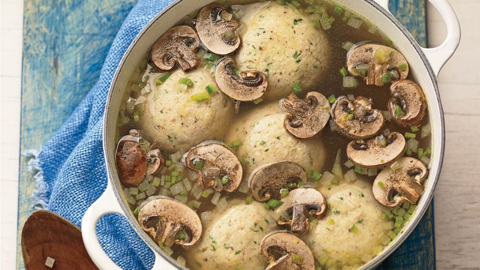 PHOTO: A pot of Pati Jinich's Mushroom Jalapeño Matzo Ball Soup.