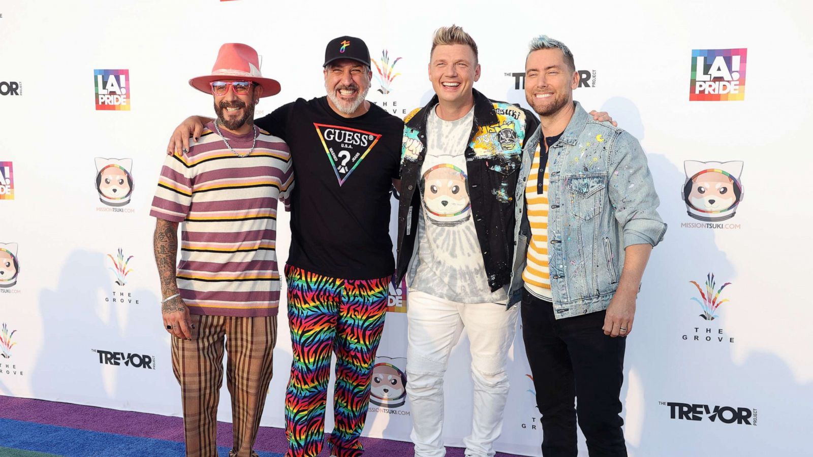 AJ McLean of Backstreet Boys, Joey Fatone of NSYNC, Nick Carter of Backstreet Boys, and Lance Bass of NSYNC attend "Bingo Under The Stars" in celebration of Pride, hosted by members of NSYNC and Backstreet Boys at The Grove, June 18, 2021 in Los Angeles.