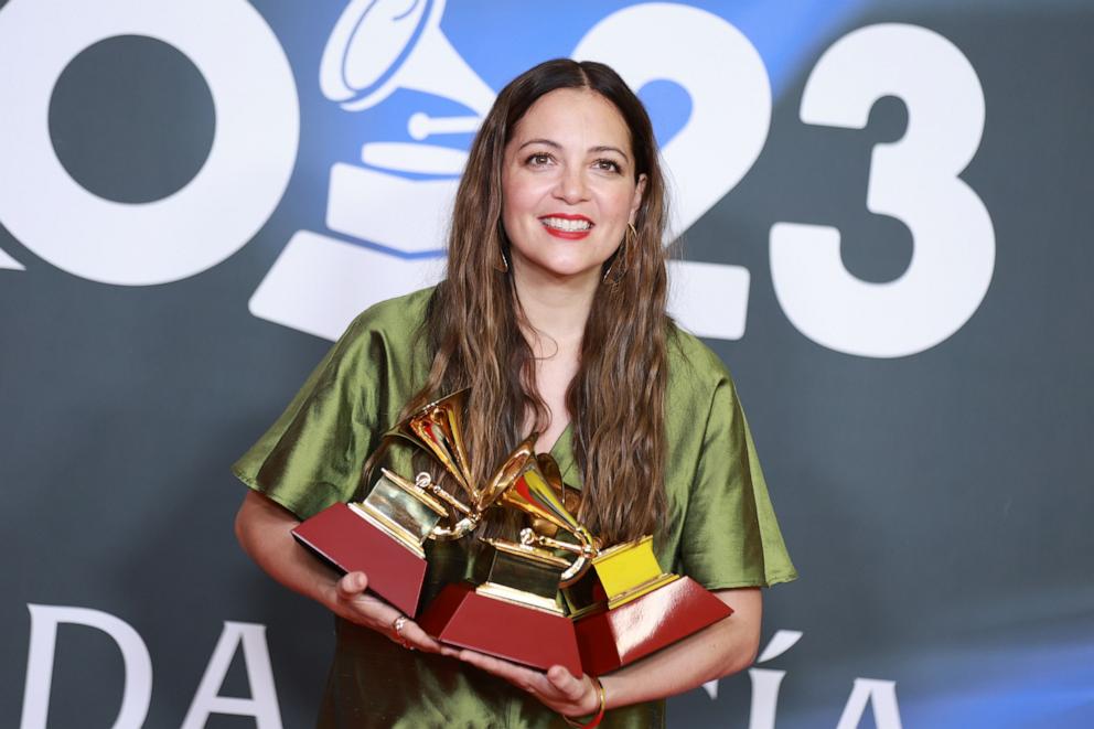 PHOTO: Natalia Lafourcade poses with her awards during The 24th Annual Latin Grammy Awards at FIBES Conference and Exhibition Centre, Nov. 16, 2023, in Seville, Spain.