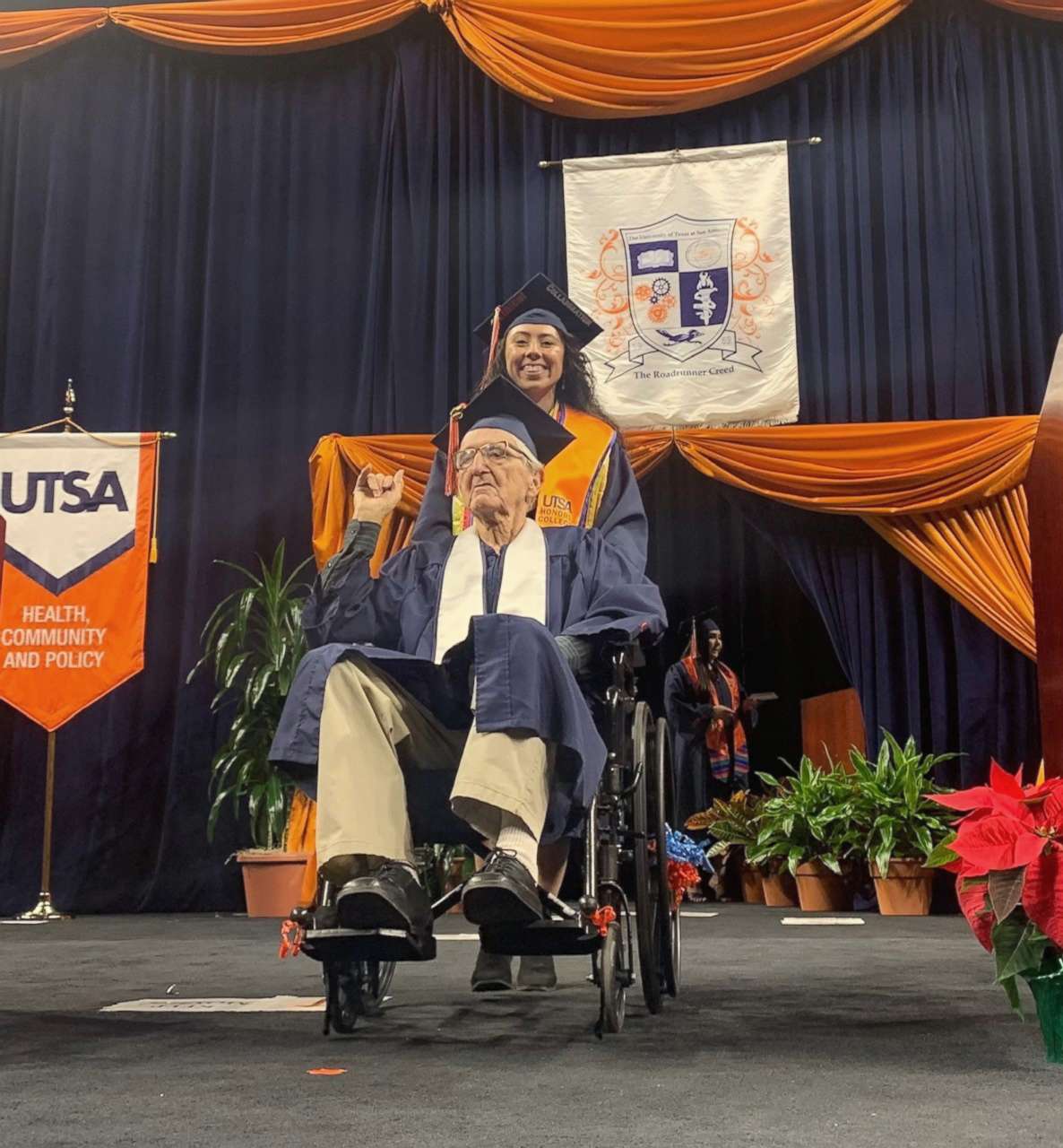 PHOTO: Melanie Salazar, 23, and her grandfather, Rene Neira, 87, graduated together from the University of Texas at San Antonio on Dec. 11, 2021.