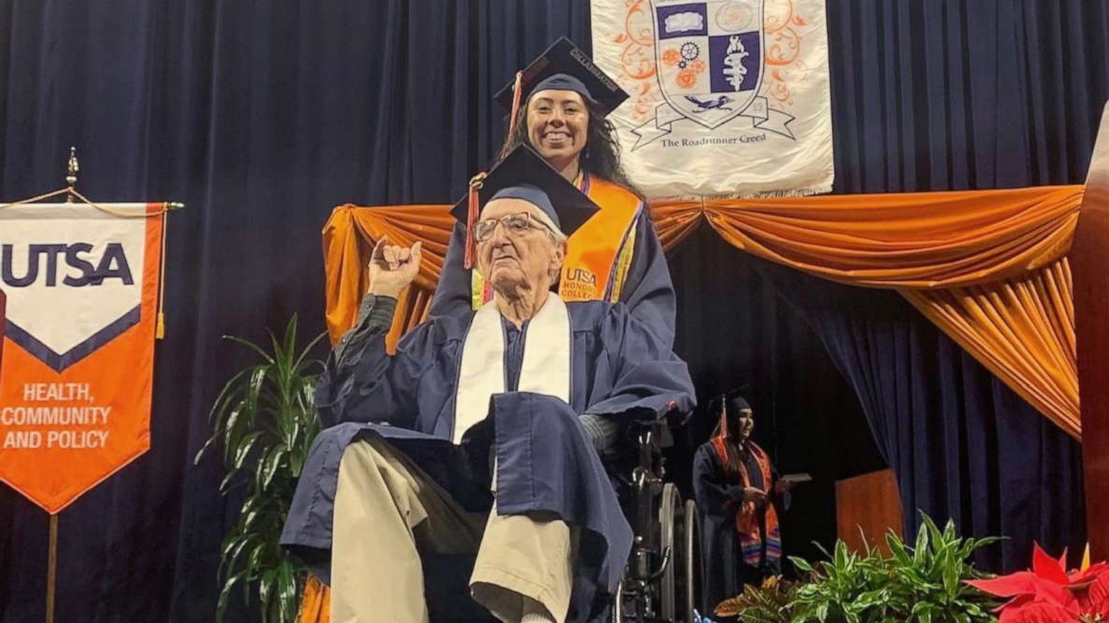 PHOTO: Melanie Salazar, 23, and her grandfather, Rene Neira, 87, graduated together from the University of Texas at San Antonio on Dec. 11, 2021.