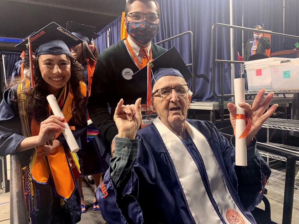 PHOTO: Melanie Salazar, 23, and her grandfather, Rene Neira, 87, graduated together from the University of Texas at San Antonio on Dec. 11, 2021.