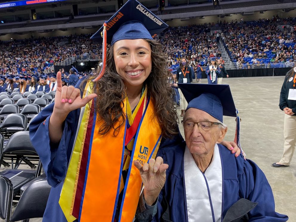 PHOTO: Melanie Salazar, 23, and her grandfather, Rene Neira, 87, graduated together from the University of Texas at San Antonio on Dec. 11, 2021.