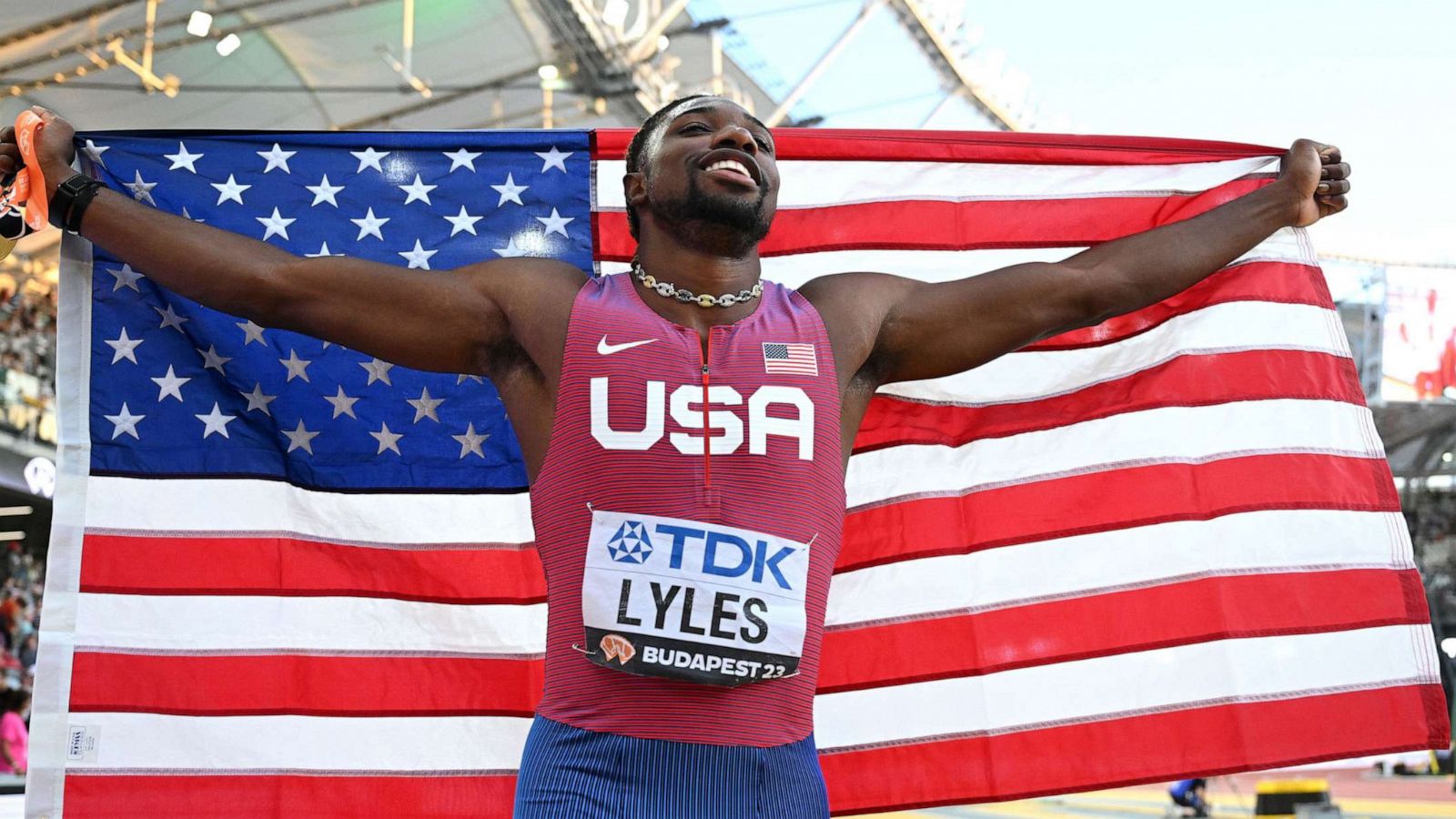 PHOTO: Gold medalist Noah Lyles of Team United States reacts after winning the Men's 100m Final during day two of the World Athletics Championships Budapest 2023 at National Athletics Centre on Aug. 20, 2023 in Budapest.