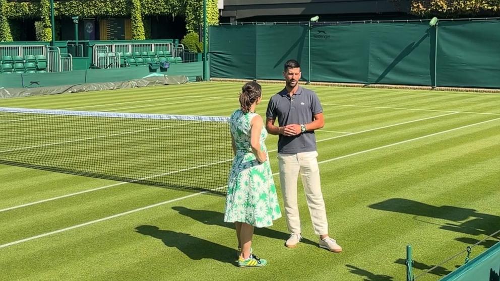 PHOTO: Serbia's Novak Djokovic speaks with ABC News at The All England Lawn Tennis and Croquet Club in Wimbledon, southwest London, June 25, 2026.