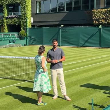 PHOTO: Serbia's Novak Djokovic speaks with ABC News at The All England Lawn Tennis and Croquet Club in Wimbledon, southwest London, June 25, 2026.