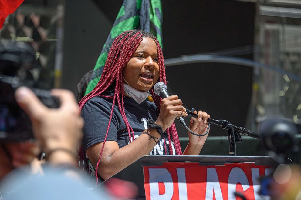 PHOTO: President of BLM of Greater NY Nupol Kiazolu speaks at a Black Lives Matter rally in Times Square, June 7, 2020, in New York.