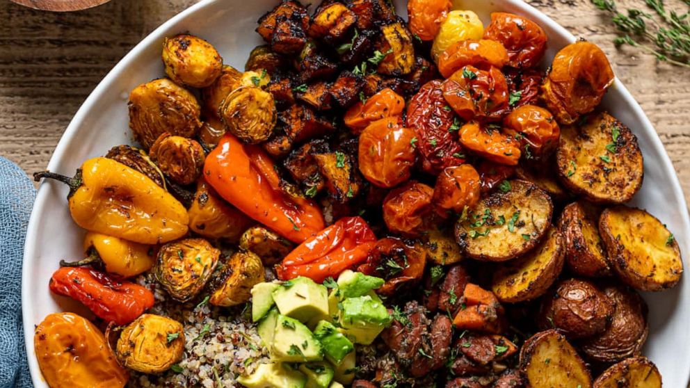 A vegan Jamaican power bowl with jerk roasted veggies.
