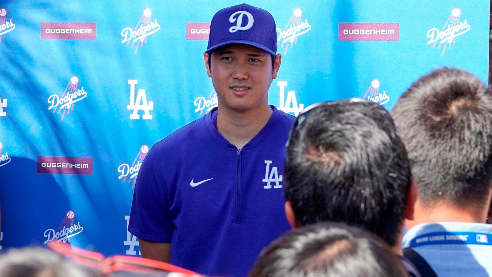 PHOTO: Los Angeles Dodgers' Shohei Ohtani addresses the media about his surprise marriage announcement, Feb. 29, 2024, during spring training baseball workouts at Camelback Ranch in Phoenix.