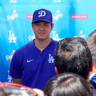 PHOTO: Los Angeles Dodgers' Shohei Ohtani addresses the media about his surprise marriage announcement, Feb. 29, 2024, during spring training baseball workouts at Camelback Ranch in Phoenix. 