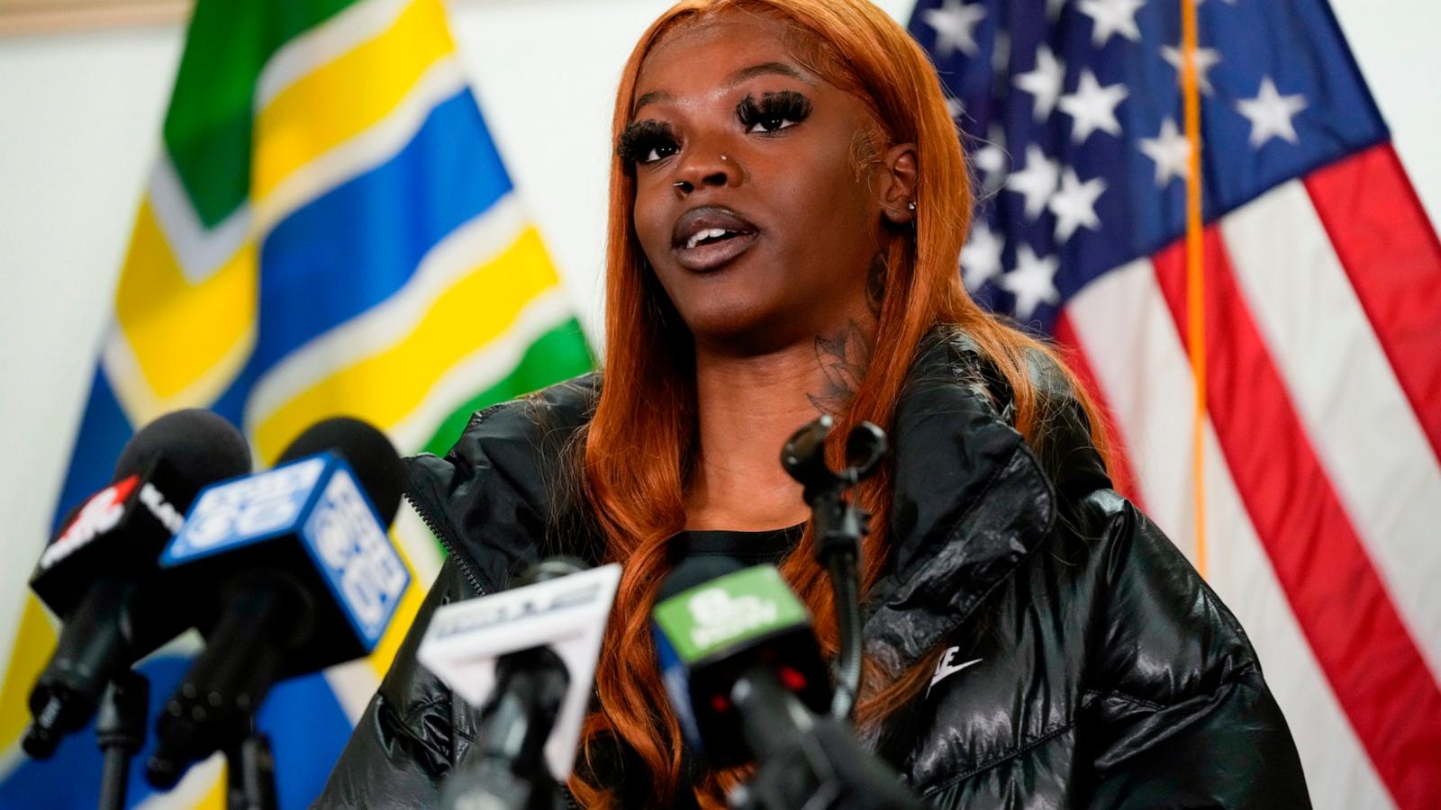 PHOTO: Majiah Washington speaks during a news conference at the Portland Fire & Rescue headquarters, Jan. 18, 2024, in Portland, Ore.