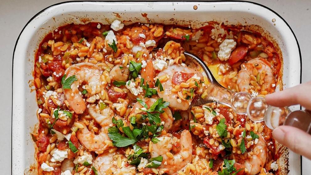 PHOTO: A pan of Greek shrimp and orzo pasta bake.