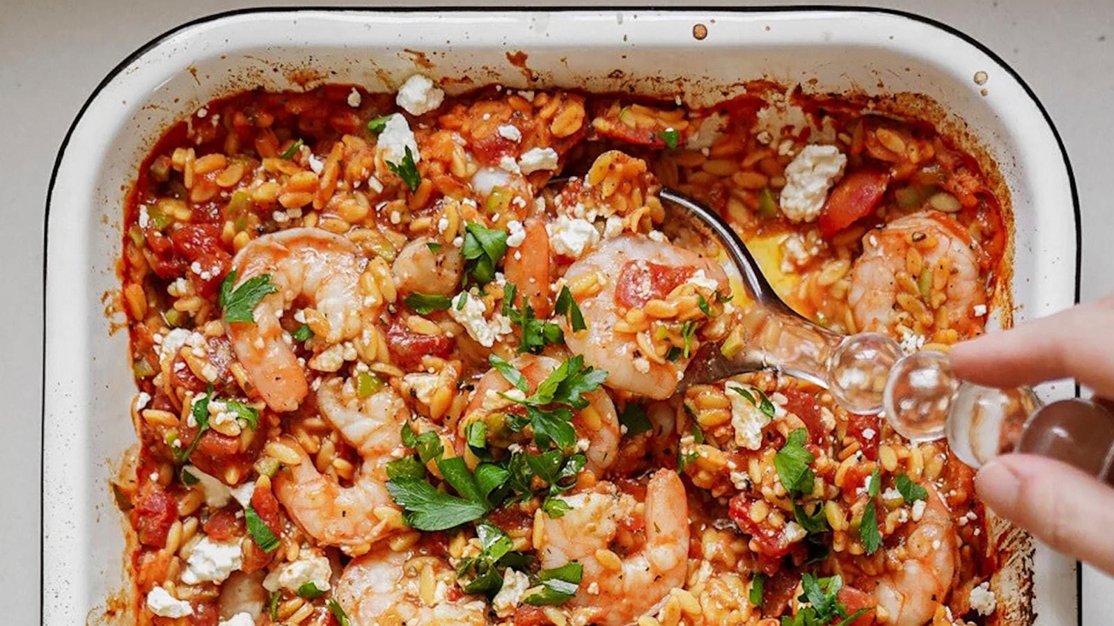 PHOTO: A pan of Greek shrimp and orzo pasta bake.