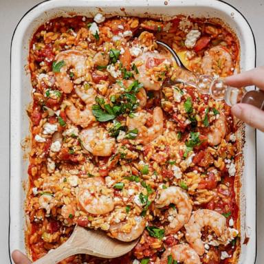 PHOTO: A pan of Greek shrimp and orzo pasta bake.