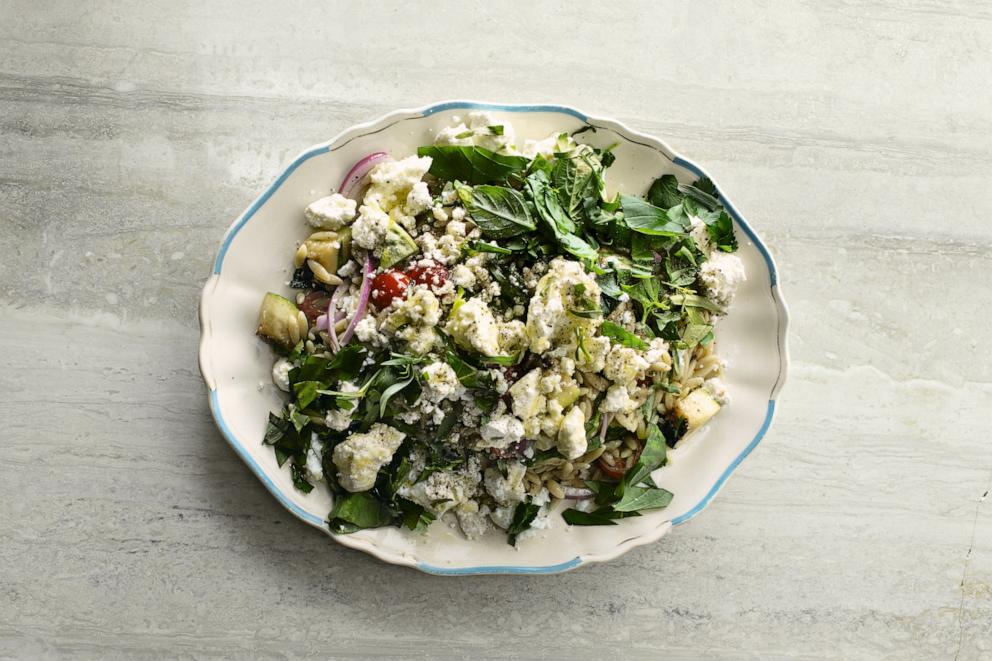 PHOTO: A bowl of orzo and goat cheese salad.