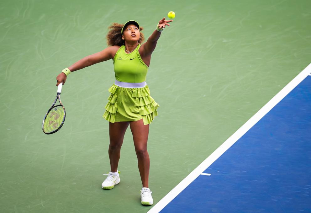 PHOTO: Naomi Osaka of Japan in action against Jelena Ostapenko of Latvia in the first round on Day 2 of the US Open at USTA Billie Jean King National Tennis Center on Aug. 27, 2024 in New York City.