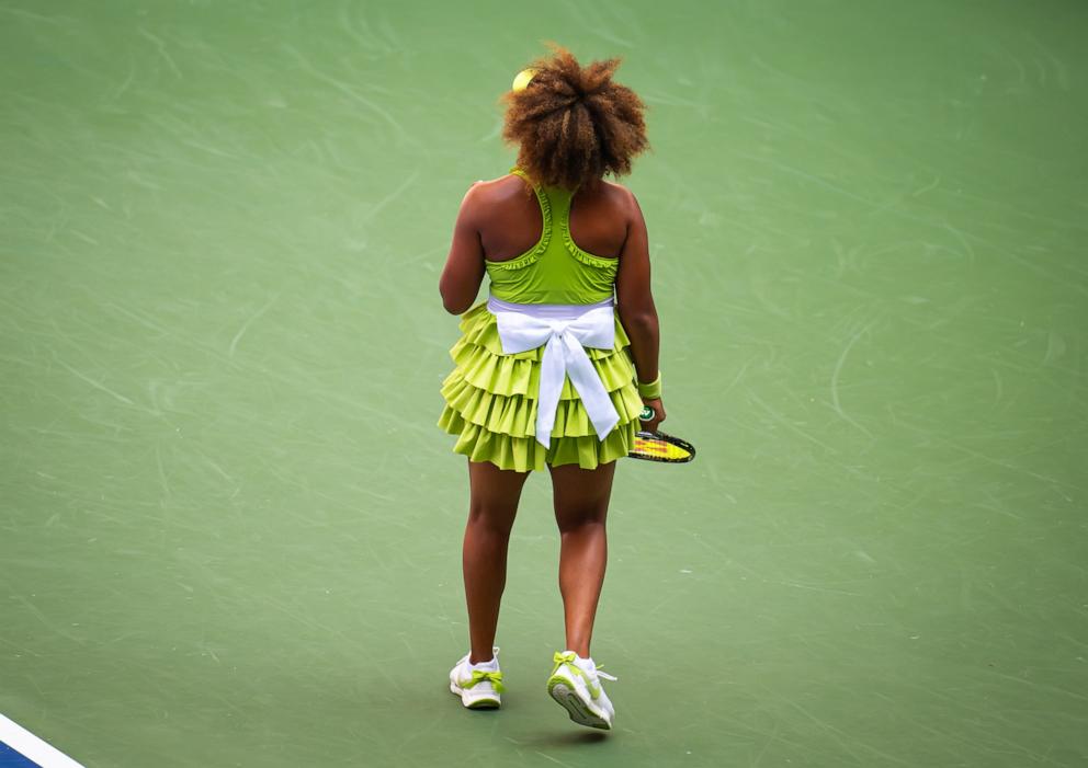 PHOTO: Naomi Osaka of Japan in action against Jelena Ostapenko of Latvia in the first round on Day 2 of the US Open at USTA Billie Jean King National Tennis Center on Aug. 27, 2024 in NYC.