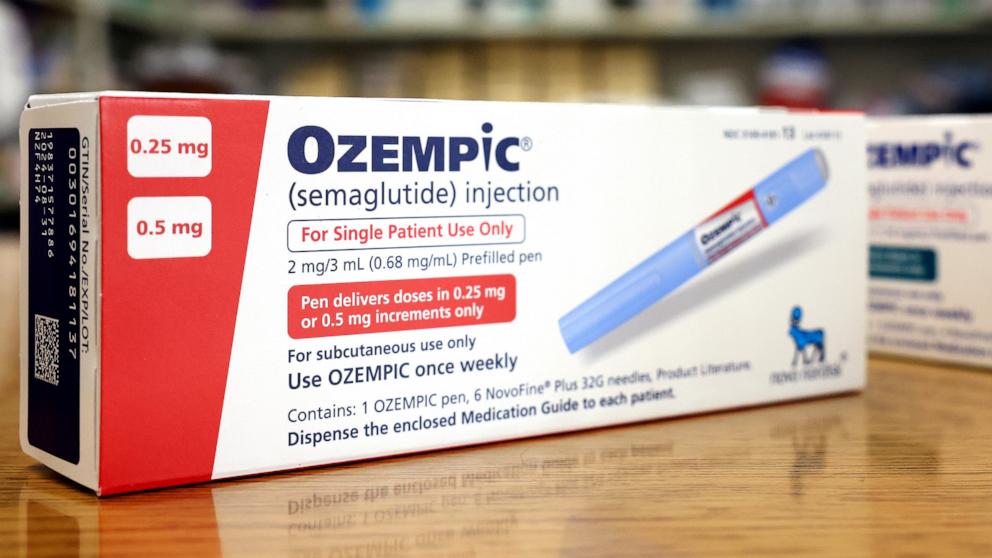 PHOTO: In this photo illustration, boxes of the diabetes drug Ozempic rest on a pharmacy counter on April 17, 2023 in Los Angeles.