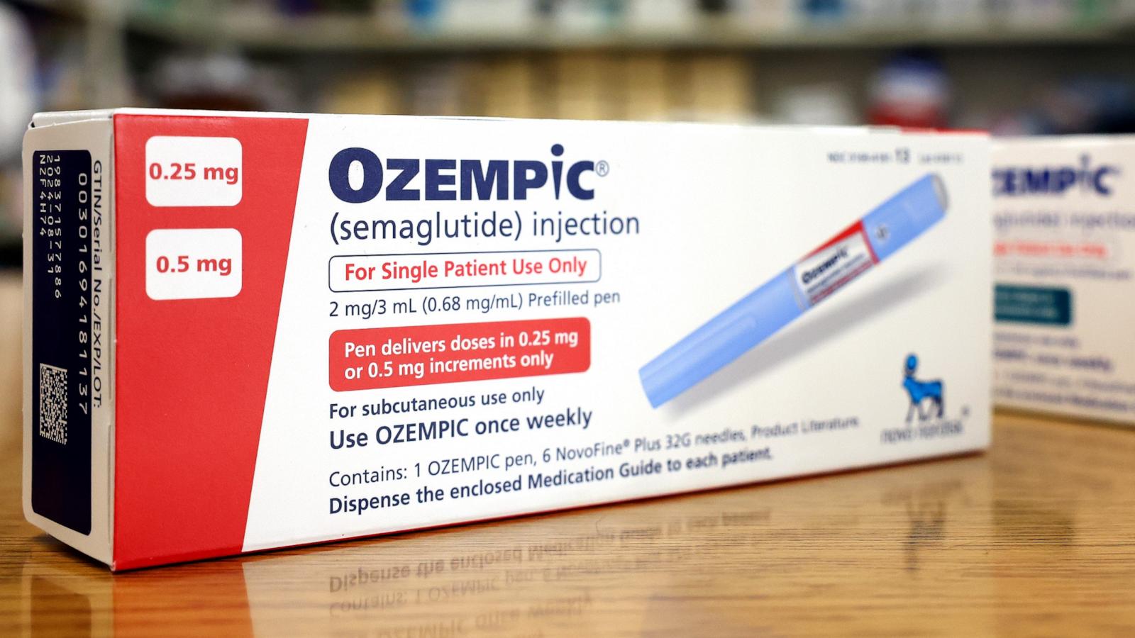 PHOTO: In this photo illustration, boxes of the diabetes drug Ozempic rest on a pharmacy counter on April 17, 2023 in Los Angeles.