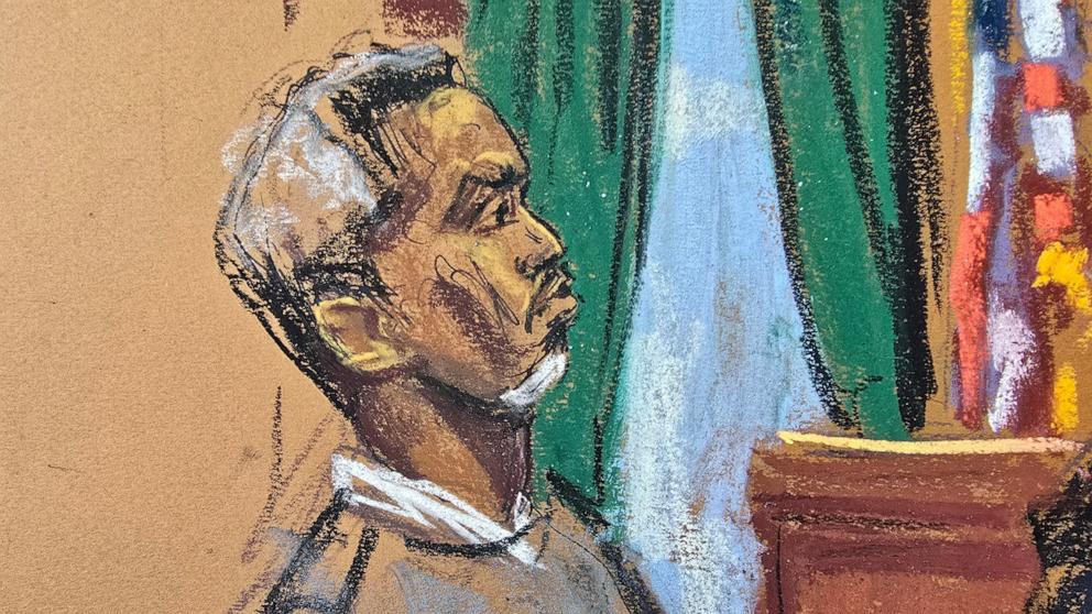 PHOTO: Sean "Diddy" Combs faces the jury as his defense lawyer Teny Geragos makes opening statements at his sex trafficking trial in New York City, New York, U.S., May 12, 2025 in this courtroom sketch.