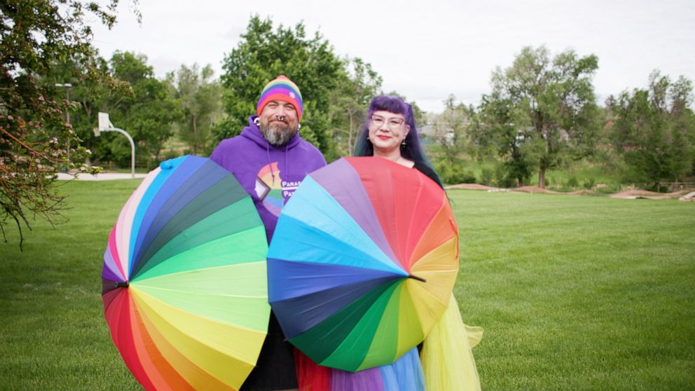 PHOTO: Eli Bazan and Pasha Ripley are co-founders of Parasol Patrol, which shields LGBTQ events from protesters.