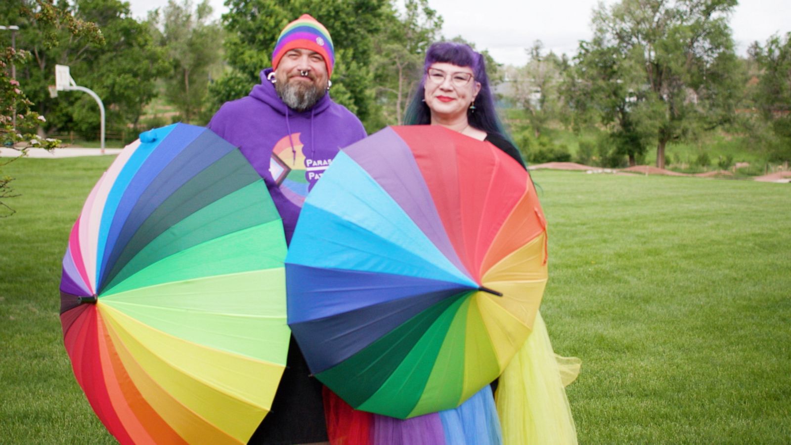 PHOTO: Eli Bazan and Pasha Ripley are co-founders of Parasol Patrol, which shields LGBTQ events from protesters.