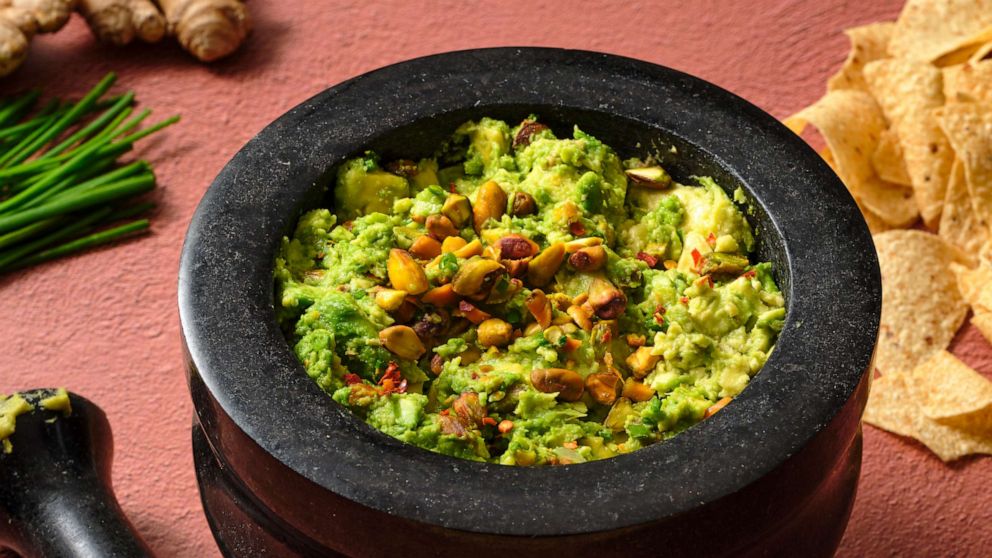 PHOTO: Ginger pistachio guacamole with chips.