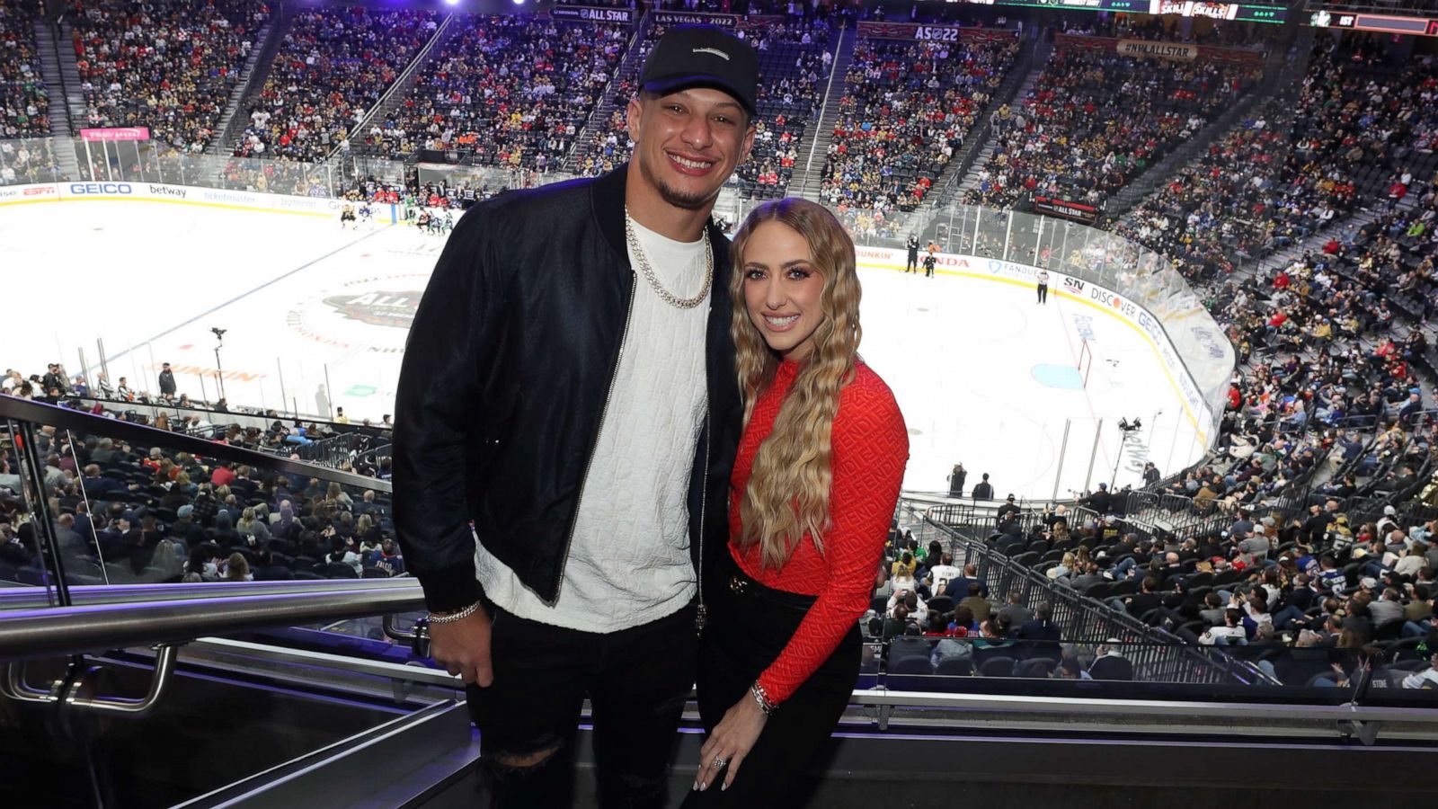 PHOTO: Patrick Mahomes of the Kansas City Chiefs and his wife Brittany Matthews attend the 2022 NHL All-Star Skills, Feb. 04, 2022, in Las Vegas.