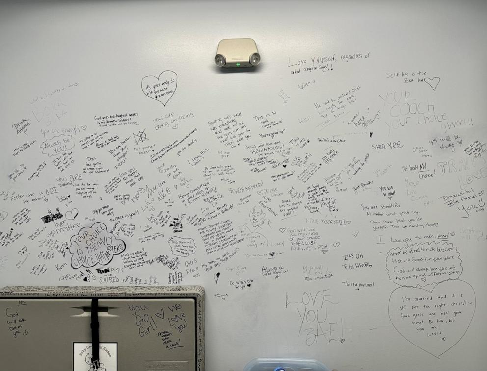 PHOTO: Patient messages are written on the bathroom walls at a Planned Parenthood clinic in Jacksonville, Florida.