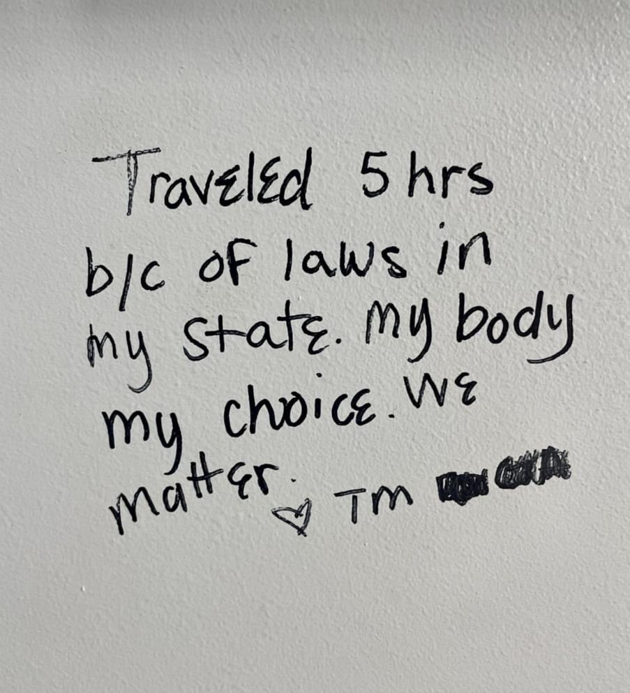 PHOTO: Patient messages are written on the bathroom walls at a Planned Parenthood clinic in Jacksonville, Florida.