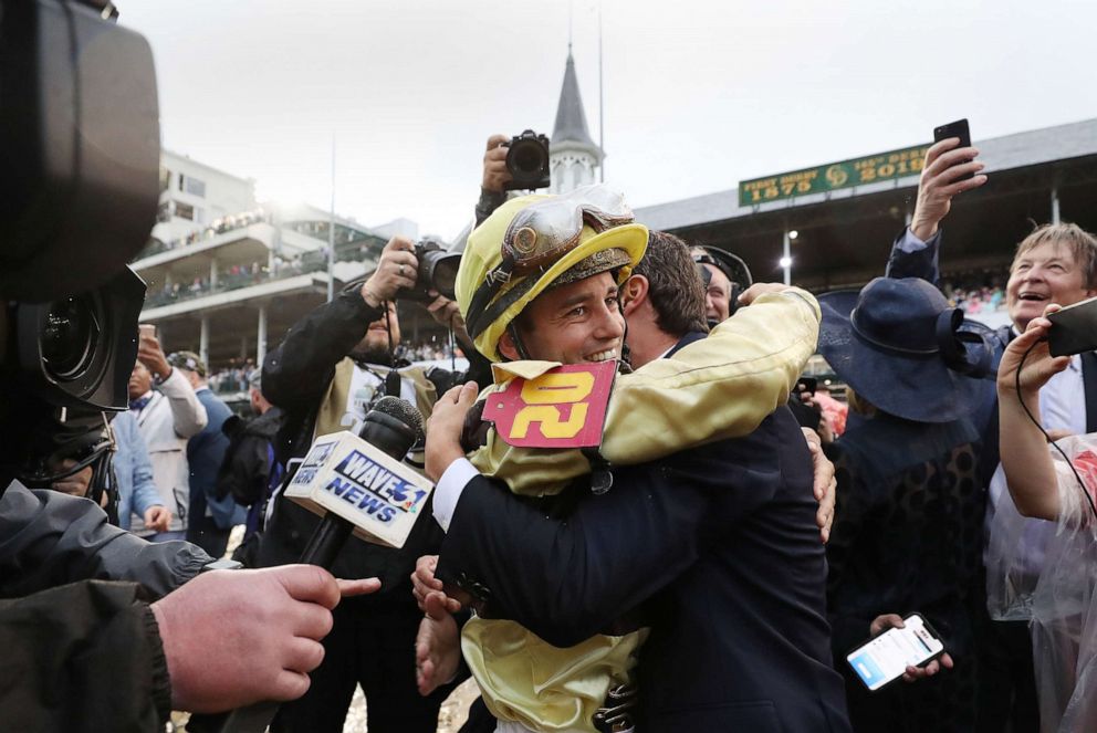 PHOTO: Jockey Flavien Prat celebrates after the Kentucky Derby aboard Country House at Churchill Downs, May 4, 2019 in Louisville, Ky.