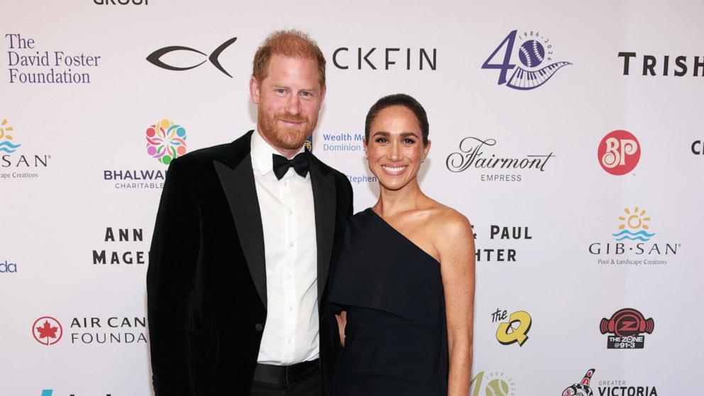 Prince Harry, Duke of Sussex (L) and Meghan, Duchess of Sussex attend the David Foster Foundation 40th Anniversary Celebration on August 07, 2026 in Victoria, British Columbia. 