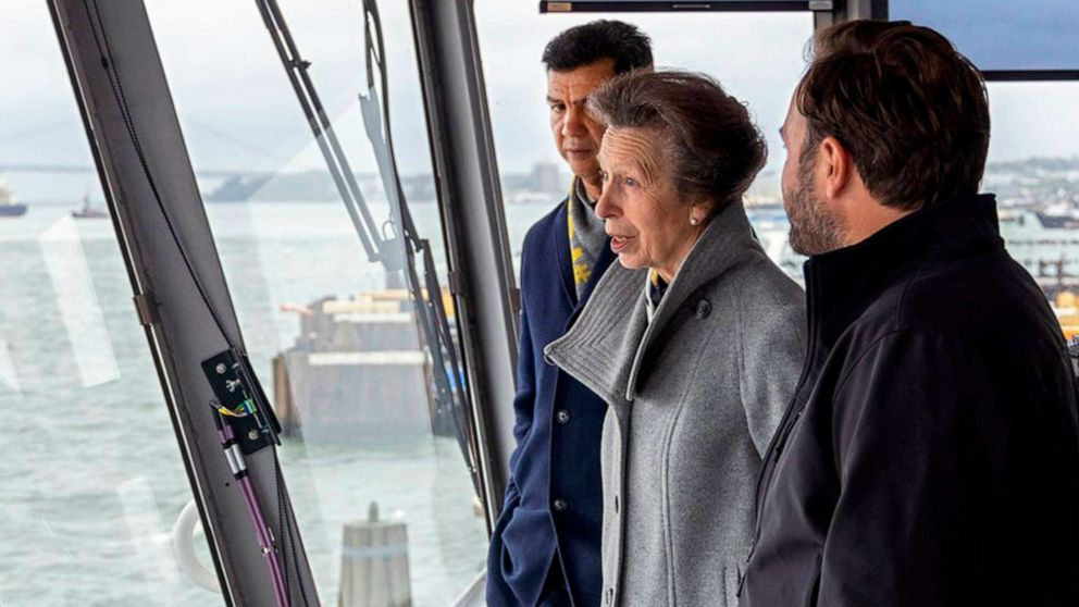 PHOTO: Princess Anne, accompanied by the New York City Department of Transportation Commissioner Ydanis Rodriguez, rides in the pilothouse of the Staten Island Ferry "Sandy Ground," Oct. 4, 2022, in New York City.